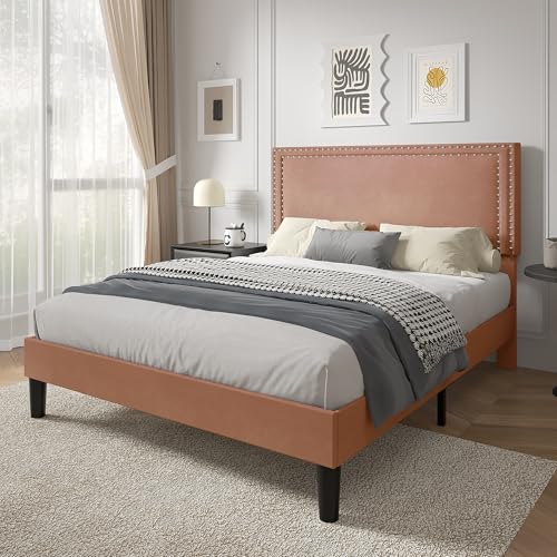 Image of VECELO Full Size Platform Bed Frame with Height Adjustable Upholstered Headboard, Modern Mattress Foundation,Strong Wood Slat Support, No Box Spring Needed, Easy Assembly,Brown