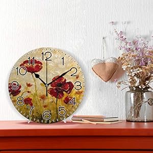 Poppy flowerswall clock battery operated non ticking silent quartz analog rustic farmhouse round clock retro decor for home kitchen living room bathroom  urban country home decor