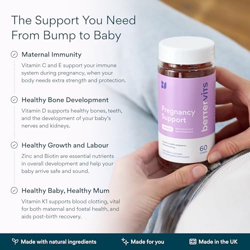 Bettervits Pregnancy Support Gummies | Pregnancy Vitamins for Women with Folic Acid & Vitamin B12 | Complete Multivitamins Complex C, D, E & Zinc | Pre and After Support - 60 Berry Gummies - Image 3