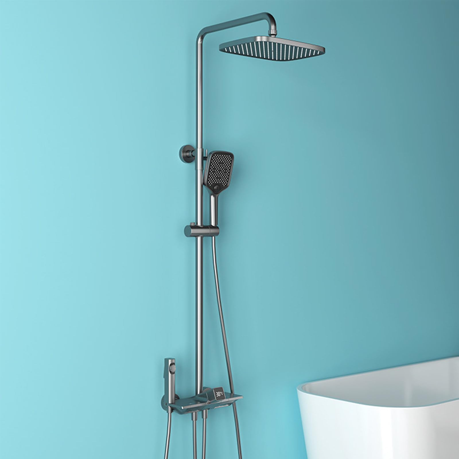 Sistema Doccia termostatico, Set Tasti Pianoforte con soffione a Pioggia, doccetta, beccuccio per Vasca e doccetta per Bidet, Display Digitale, Miscelatore in Ottone (Cromo)