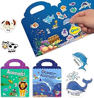 funvce 2 Pcs Reusable Sticker Books for Toddlers, Ocean and Animal Model Sticker Book, Multicolor Scene Sticker Book with with PVC Static Sticker for Children Aged 3-8, Themed Party, Birthday Gifts