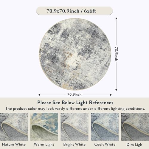 Lahome Modern Abstract Round Rug - 6Ft Gray Circle Rugs for Living Room Soft Dining Room Rugs for Under Table, Machine Washable Bedroom Mat Non Slip Large Carpet for Office Kitchen Entrance
