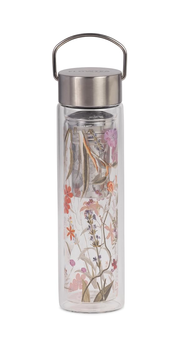Eigenart Flowtea Mira Bouteille à thé 400 ml en verre à double paroi avec filtre en acier inoxydable, gourde avec housse en néoprène, sans BPA, pour thé, café, smoothie, 6,5 x 23 cm