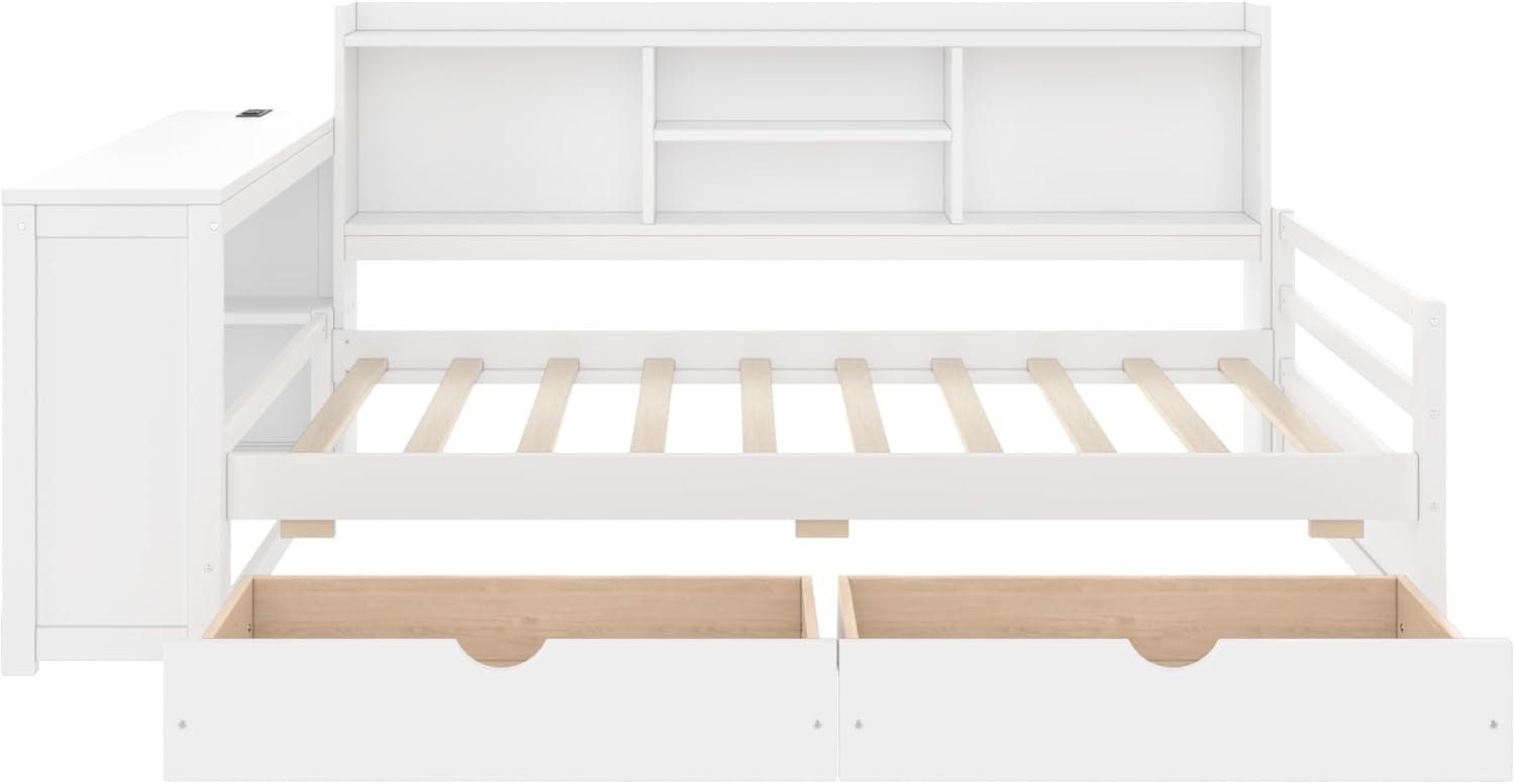 Bellemave Twin Corner Bed Frame with Desk and Storage Shelves,Charging Port, Wood Twin Size Daybed with Bookcase and Drawers, White