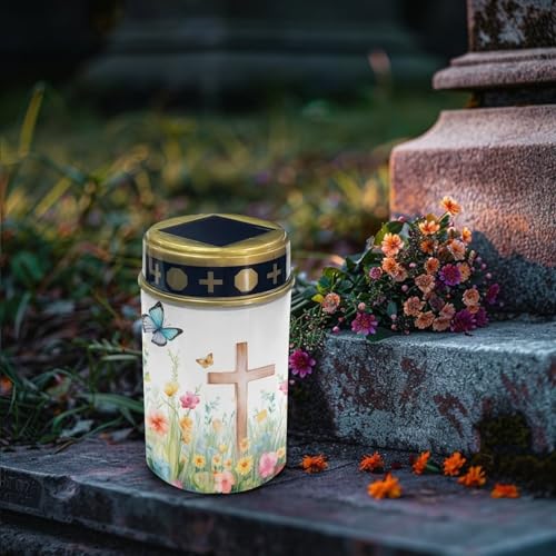 Image of Poceacles Cross Solar Powered Memorial Light for Cemetery - Waterproof Landscape Outdoor Light for Yard, Patio, Lawn, Home Decor - Cross Butterfly Floral Design