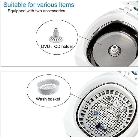 Close-up of the ultrasonic cleaner's tank with DVD/CD holder and wash basket