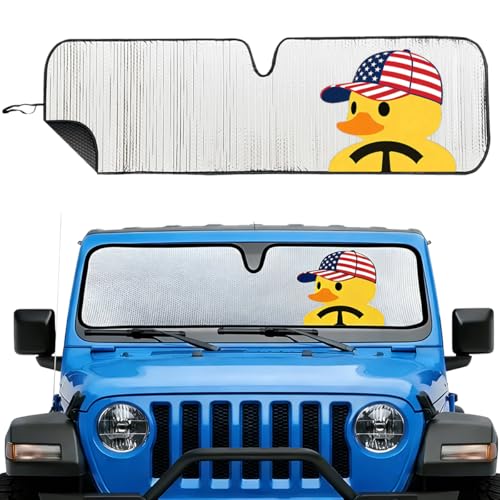 Image of Cute Windshield Sun Shade for Jeep Wrangler TJ JK JL JKU JLU & Gladiator JT 1997-2026 | USA Flag Duck Pattern Funny Sunshade Heat Shield | Foldable UV Block Windshield Sun Visor for Jeep Wrangler