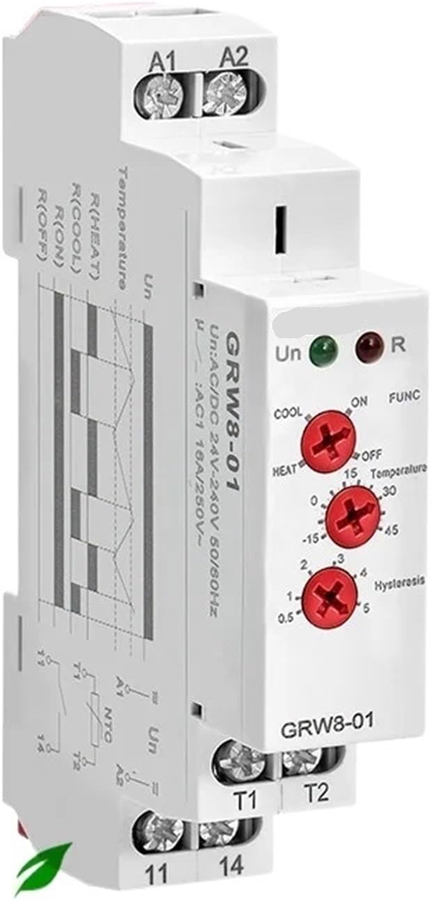 GRW8 Din Rail Temperature Control Relay 16A Wide Range Voltage AC/DC24-240V with Waterproof Sensor(GRW8-01 2m Sensor)