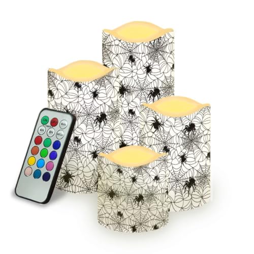 Image of Halloween Spider Web Print Flameless Candles Set of 4 | Flameless Candles with Remote Control Flickering LED Candles with Timer for Halloween Party Patio Celebration Accents