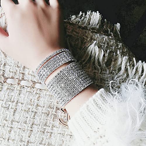 Hlin Rhinestone Bracelet For Women 2Pcs Strand Stretch Silver-Tone Ab Sparkling Bridal Tennis Bangle #TOP5