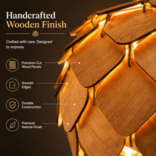 Image of MoonlitDreams Wooden Pendant Lamp for Ceiling | Handcrafted Hanging Chandelier Light | Rustic Wooden Ceiling Light for Living Room, Dining Area, Cafe & Home Decor
