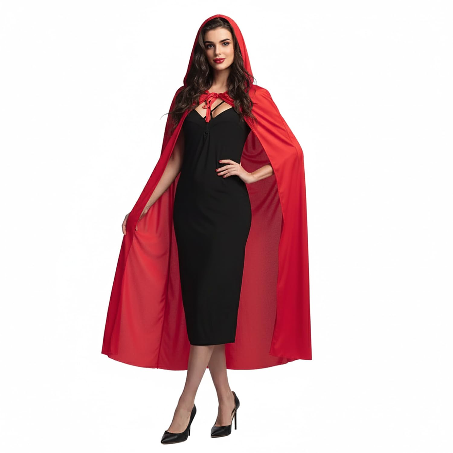 Bella Dox Adult Unisex Hooded Cloak Cape (180 cm) for Halloween Christmas Costume Grim Reaper Vampire Party Robe with Hood Devil Witch Wizard Cosplay Fancy Dress (Red)