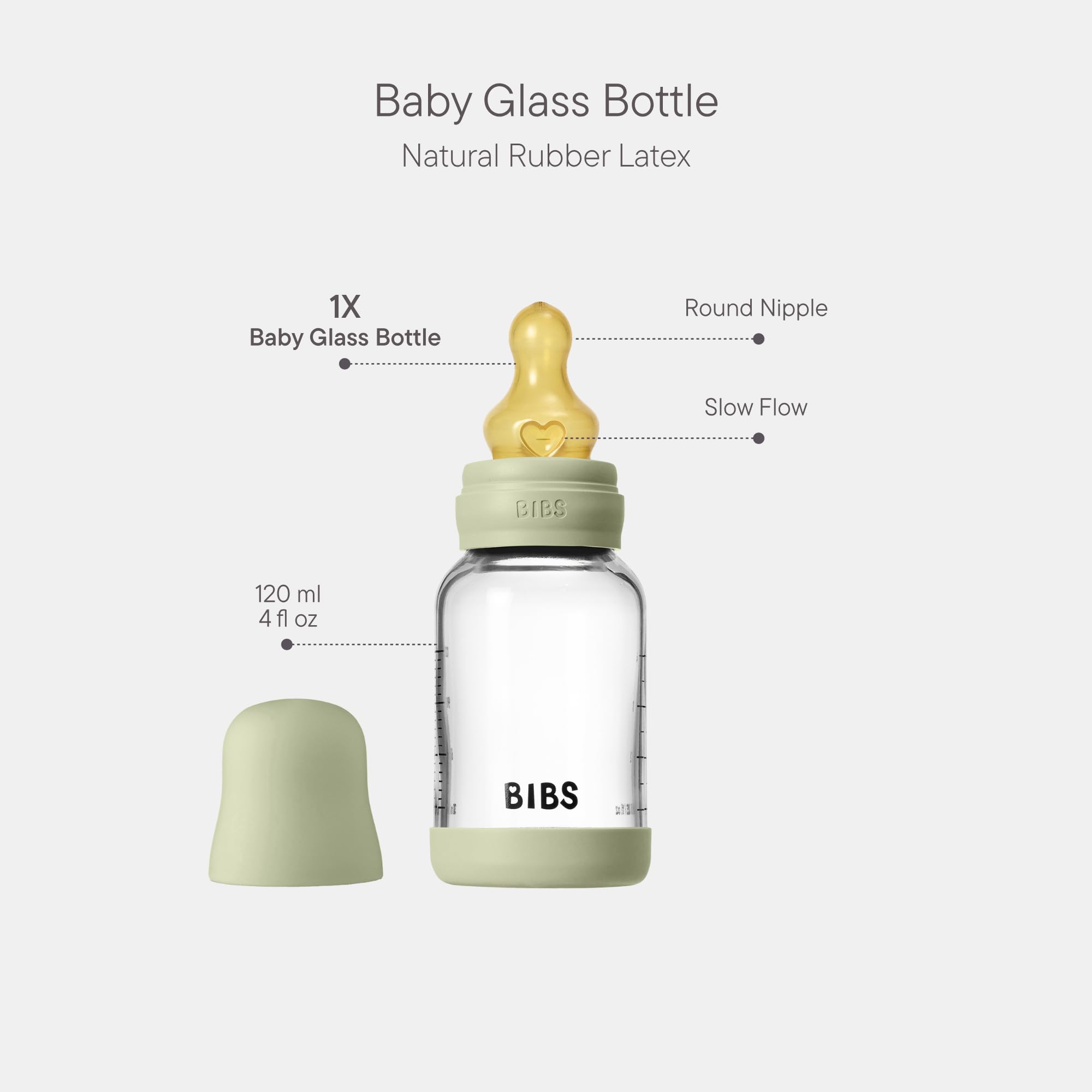 BIBS Baby Glass Bottle. 120ml. Anti-Colic. Vented Round Natural Rubber Latex Teat. Supports Natural Breastfeeding, Slow Flow - Image 2