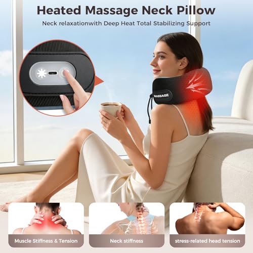 Image of Travel Neck Pillow with Massage & Heat, U-Shaped Neck Massager with 8-Point Vibration, Eye Mask and Earplugs Set - Ergonomic Memory Foam, Ideal for Travel, Office, Home