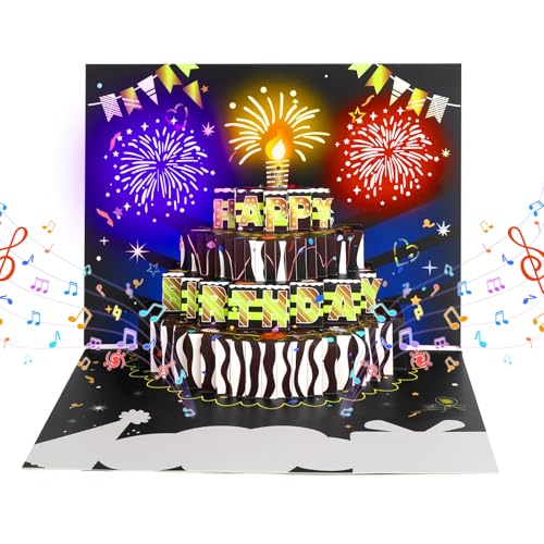 Cardaros Biglietti di compleanno, biglietti di auguri pop-up con luci e suoni, fuochi d'artificio, regali di compleanno per donne, uomini, mamme, sorelle, mogli e bambini