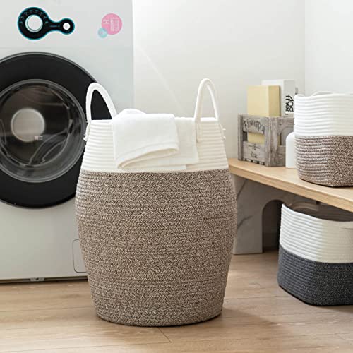 Goodpick Laundry Hamper | Woven Cotton Rope Dirty Clothes Hamper Tall Kids Curve Laundry Basket Large, (White & Brown 20.8 X 12.6 Inch) #TOP1