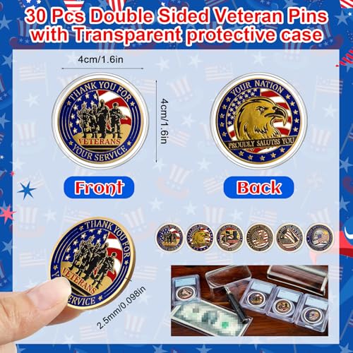 120 Pcs Veterans Day American Flag Lapel Pin Set with 30 Military Veterans Commemorative Token 30 Patriotic Label Pins 30 Card 30 Organza Bag Thank You for Your Service Military Retire Gift2