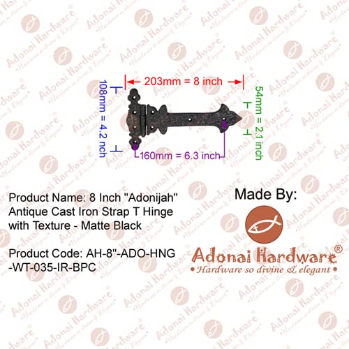 Image of Adonai Hardware Adonijah Antique Cast Iron Strap T Hinge with Texture (8 inch x 2 Pack, Matte Black) for Barn Doors, Gates, Kitchen Cabinets, Sheds, Wooden Box, Furniture, Cedar Chest and Trunks