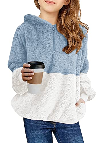 Imily Bela Kinder Mädchen Kapuzenpullover Fleece Hoodies Sherpa Pullover Teddy Sweatshirt Langarm Pulli mit Tasche (Blaugrau, 150/11-12 Jahre)