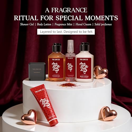 Image of THE LOVE CO. Fall in Love Gift Set for Women | Body Wash, Body Lotion, Body Mist, Hand Cream & Solid Perfume | Luxury Bath & Body Pampering Kit | Birthday, Anniversary & Special Occasion Gift | Premium Vegan Packaging Pack of 5