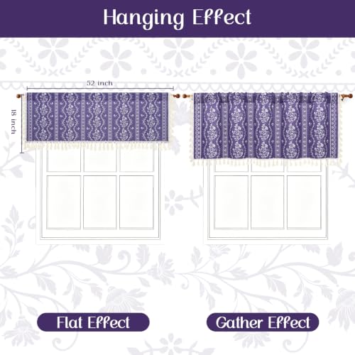 Image of Yinhua Boho Valance Curtains Vintage Linen Kitchen Valances for Windows Light Filtering Bohemian Floral Valance Rod Pocket Tassel Window Valances for Bathroom Cafe, 52 inch W X 18 inch L, Purple