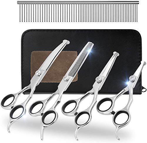 Pet Grooming Set Professional Dog Grooming Scissors Set Safety Round Tip Trimmer Dog Grooming Clippers with Curved/Thinning/Straight Scissors &Comb,Salon Shears Tools for Dogs and Cat (Silver)