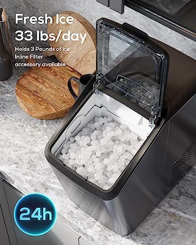 Freezimer DreamiceX2 | Nugget Ice Maker Countertop with Chewable Sonic Ice Self-Cleaning Quiet Thick Insulation Waterline Pebble Ice Machine Soft Ice Pellet Ice Makers 33lbs/24h, Stainless Black
