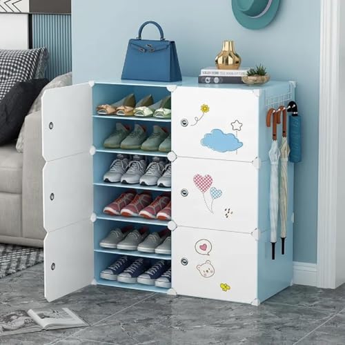 Image of Strassis Design Plastic Shoe Rack for Home | 12 Shelf DIY Shoe Rack with Door Magnets for Home Storage Plastic Box Organizer, Metal Door Frame, Chappal Slipper Sandals Stand (Blue,6 Door)