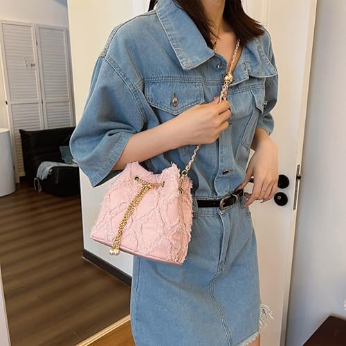 Image of Denim Bucket Bag Quilted Drawstring Jean Purses for Women Denim Clutch Hobo Bags Crossbody Handbag