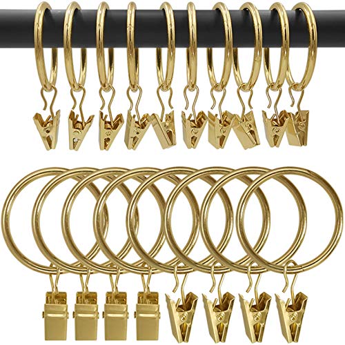 Image of AMZSEVEN 100 Pack Metal Curtain Rings with Clips, Drapery Clips Hooks, Decorative Curtain Rod Clips 1.5 in Interior Diameter, Gold
