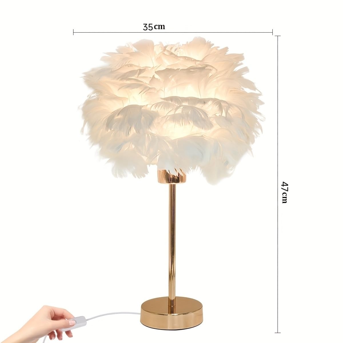 Lampe Federn Nachttischlampe Puschel Feder Tischleuchte E27 Tischlampe mit Kabel Warmweiß Federlampe Künstliche Federn Flauschige Gold Dekolampe für Schlafzimmer Wohnzimmer, 35cm x 47cm