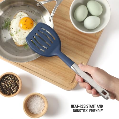 Image of Calphalon Prime Slotted Turner, Kitchen Flipping Spatula, Slotted Spatula with Silicone Head and Stainless Steel Handle, Heat Resistant Nonstick Cookware for Flipping and Draining (Navy Blue)