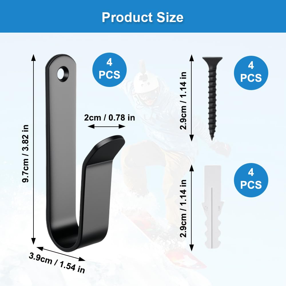 EXIN DECHEN 4 Piezas Soporte Skate Pared, Negro Estante de Exhibición para Snowboard Soporte de Pared para Monopatín con Tornillo para Tablas como Monopatines, Longboards, Wakeboards