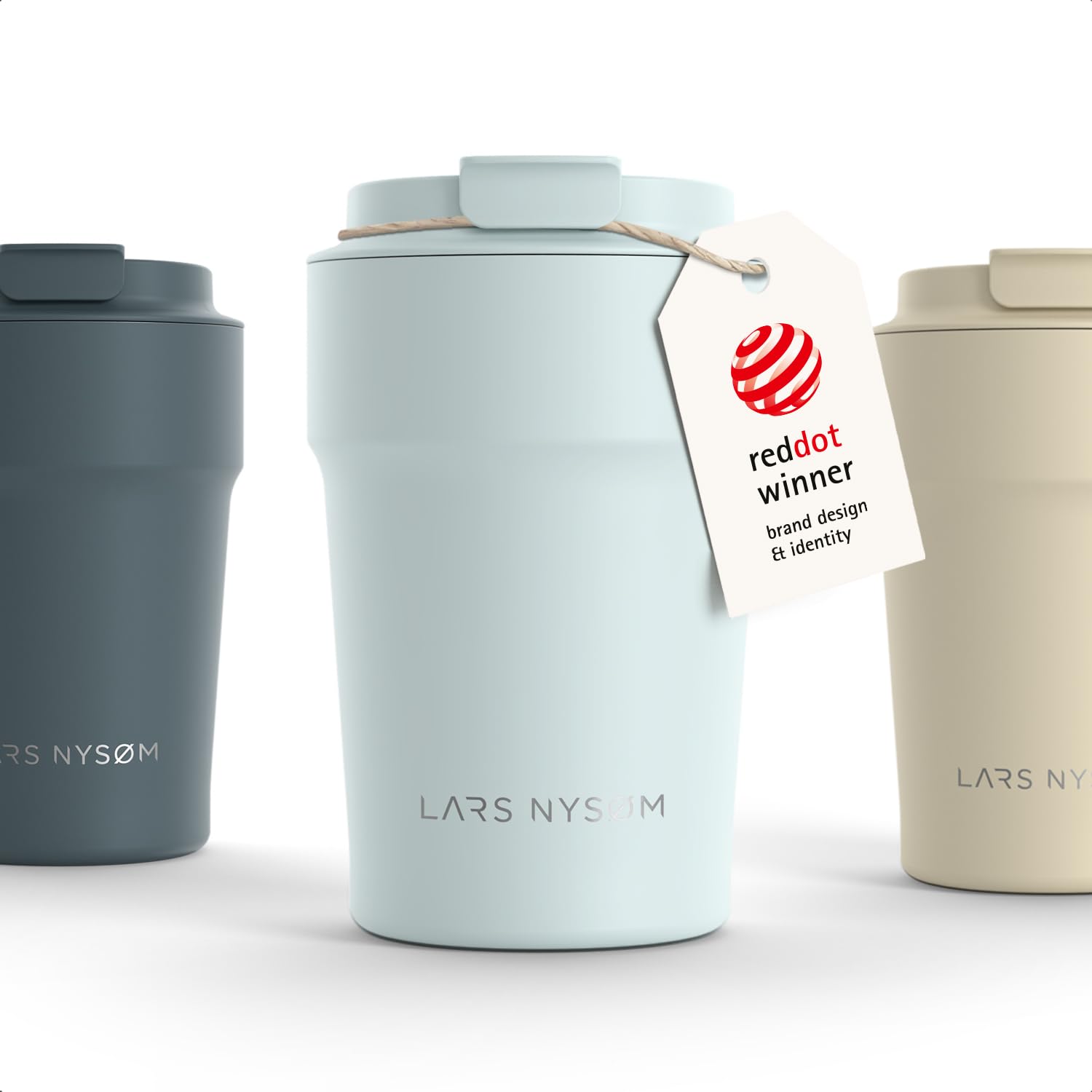 LARS NYSØM Thermo Coffee Mug-to-go 13oz | Travel Mug 0.38 L with Insulation | Silicone Grip Base | Leak Proof Stainless Steel Tumbler for Coffee and Tea on the Go (Misty Blue - Powder, 380ml)