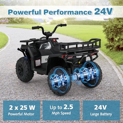 OLAKIDS 24V 4x4 Ride on Car, Kids ATV Quad with Bluetooth Music, LED Lights, Power Display, Rear Storage Rack, Spring Suspension, Electric 4 Wheeler for Kids Boys Girls Aged 3+ Years (Black) - Image 7