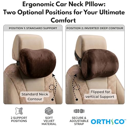 Image of ORTHICO Car Neck Rest Pillow, Pack of 2, Brown | Memory Foam, Ergonomic Design, Universal Fit, Head Support, 1 Year Warranty