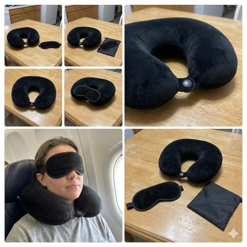 Image of Travel Neck Pillow for Adults, Fiber Filled U-Shaped Neck Support Pillow with Button Closure, Soft Plush Neck Cushion for Airplane, Car, Office & Travel (Black)