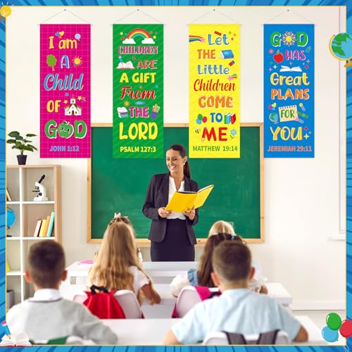 Image of Panelee 4 Pcs Church Banners for Sanctuary Wall Rainbow Cartoon Church Banners with Scripture Inspirational Religious Praise Bible Verses Hanging Backdrop Signs for Sunday School Worship Decoration