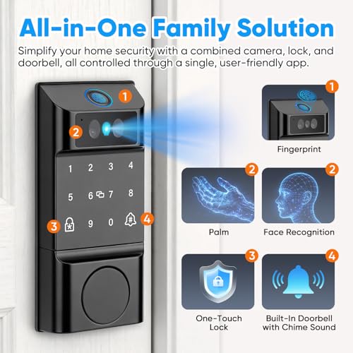 MYPIN Smart Door Lock with Palm Print & Facial Recognition & App Control, Auto-Lock, Doorbell Chime, Touch Keypad, Interior Deadbolt – Keyless Entry Electronic Lock for Home Security - Image 3