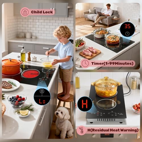 Image of 2 Burner Electric Cooktop 2000W, 12 Inch Electric Cook Top Plug in 110V, Electrics Stove with Touch Control, Countertop & Built-in Ceramic Stovetop, 9 Heating Level, Timer, Residual Heat Indicator