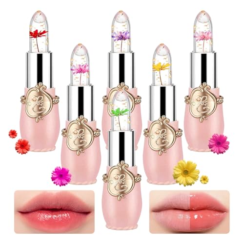 6PCS Crystal Flower Jelly Lipstick Set Moisturizing Color Changing Lip Gloss Set Clear Tinted Magic Lip Stain Moisturizer Gift Set Waterproof Lip Balm Set Long Lasting Hydrating Lipgloss for Women