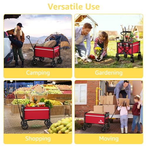 Image of ROSONG Collapsible Wagon Cart with Wheels Foldable - Folding Utility Heavy Duty Wagons Carts for Grocery Sports Garden Shopping Camping Wheelbarrows (Burgundy, 90L)