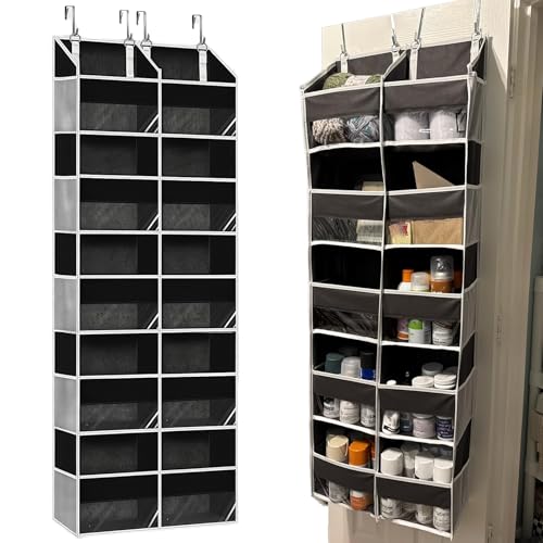 Over The Door Organizer Large Capacity Closet Door Hanging Organizer with 10 Big Pockets and 10 Mesh Pockets Hanging Storage Cloth Bags for Kitchen Bedroom Nursery Behind Door Storage Hangers (Black)