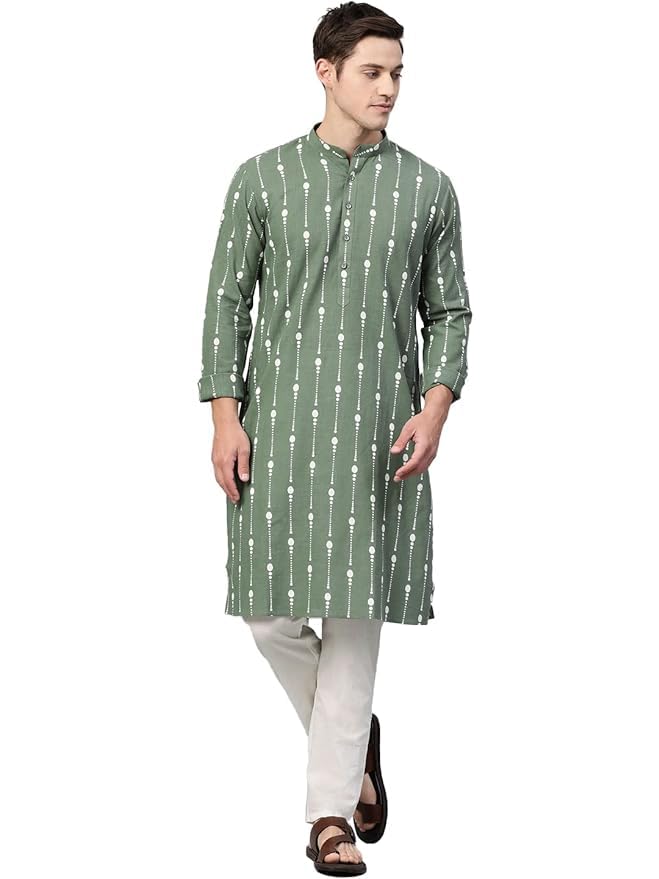 See Designs Men's Green Printed Cotton Mandarin Collar Side Slit Kurta With Pyajama - Sd2Kt89101M