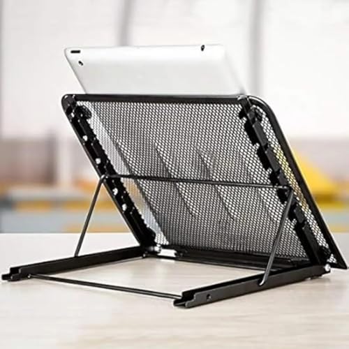 Image of Tithu Mart Metal Mesh Adjustable Laptop Stand, Ventilated Stainless Steel Laptop Holder, Ergonomic Height Adjustable Desk Stand, Portable Cooling Laptop Riser for Universal Laptops (Black)