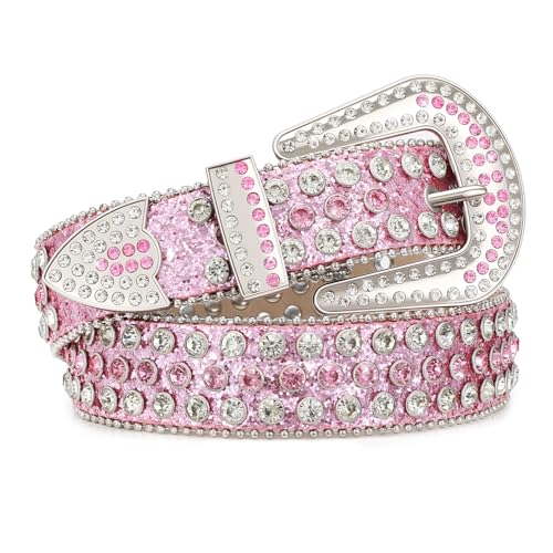 Image of Women Fashion Rhinestone Belt SUOSDEY Western Cowgirl Bling Studded Design Leather Diamond Belt for Jeans Dress, 07-pink(silver Buckle), S：fits pants size 28''-32''