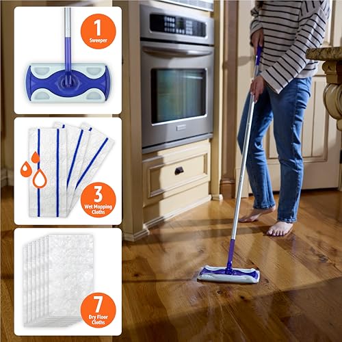 Image of Amazon Basics Wet & Dry Sweeper Kit, 1 Sweeper Handle, 7 Heavy Duty Dry Floor Cloths, 3 Wet Floor Cloths, Pack of 1