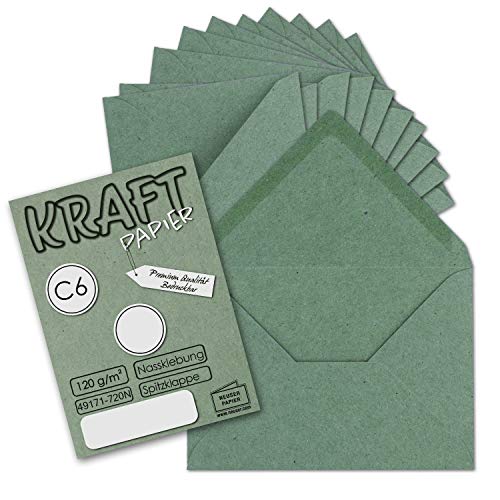 NEUSER Papier - Lot de 50 enveloppes à lettres - En papier kraft vintage - Format C6 - Rabat pointu à collage humide - Sans fenêtre d’adresse - 11,4 x 16,2 cm - Vert eucalyptus Cover
