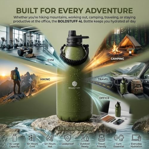 Image of Insulated Water Bottle 4000ml, Hot Water Bottle, Thermosteel Water Bottles for Travel, Home, Office, School, Gym, Adults, ISI Certified Water Bottle 12+ Hr Hot and 18+ Hr Cold, Green