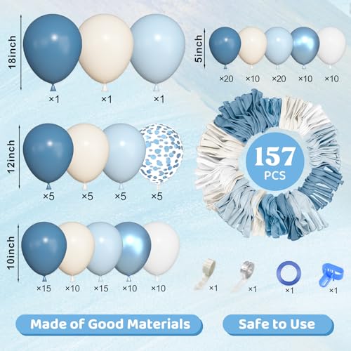 Image of Ouddy Life 157 Pcs Dusty Blue Balloons Garland Arch Kit, Dusty Baby Light Metallic Blue Sand White Confetti Balloon Different Size Birthday Wedding Boy Baby Shower Gender Reveal Decorations
